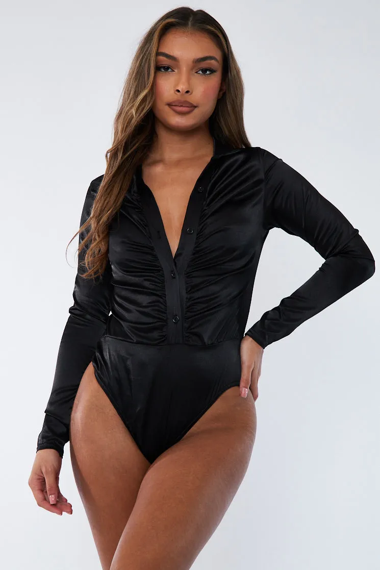 Black Gathered Front Satin Shirt Bodysuit - Lucia