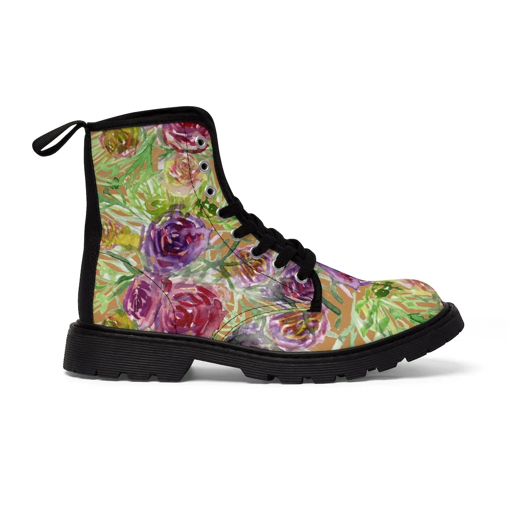 Brown Yellow Floral Women's Boots, Flower Print Vintage Style Hiking Combat Boots For Ladies