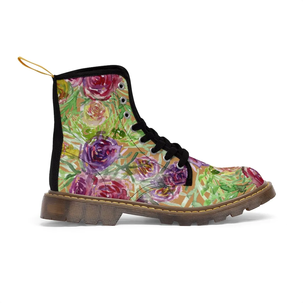 Brown Yellow Floral Women's Boots, Flower Print Vintage Style Hiking Combat Boots For Ladies