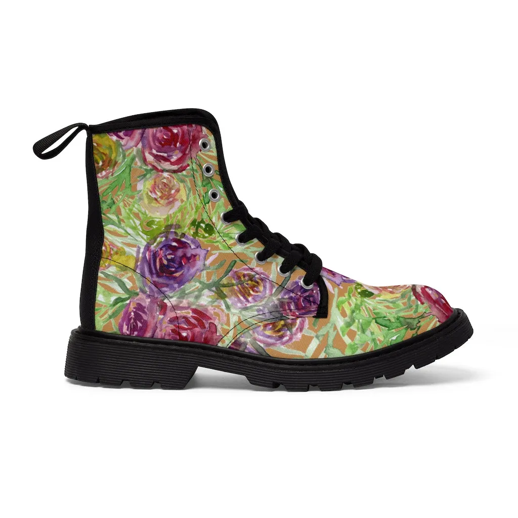 Brown Yellow Floral Women's Boots, Flower Print Vintage Style Hiking Combat Boots For Ladies