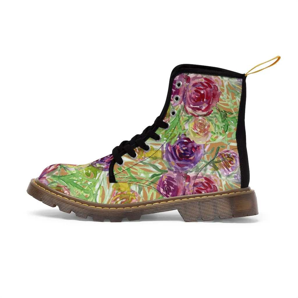 Brown Yellow Floral Women's Boots, Flower Print Vintage Style Hiking Combat Boots For Ladies