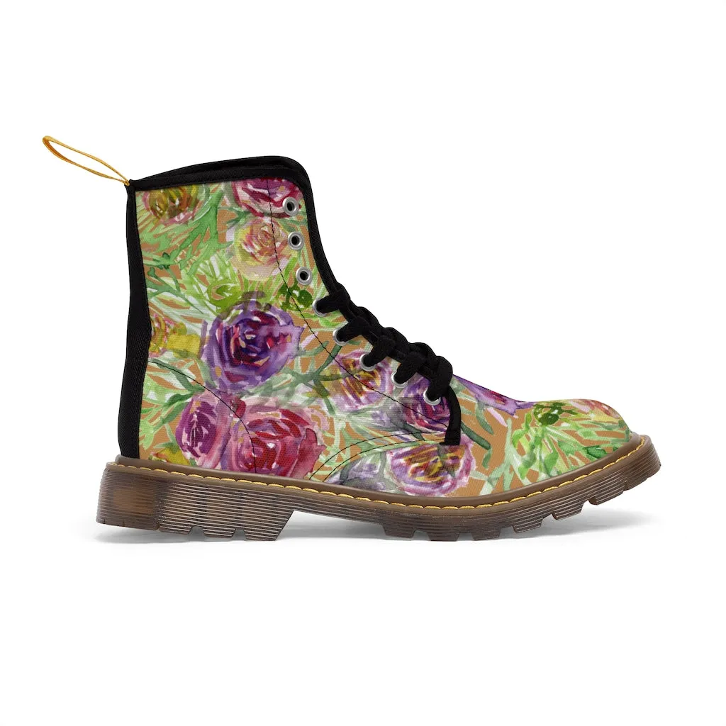 Brown Yellow Floral Women's Boots, Flower Print Vintage Style Hiking Combat Boots For Ladies