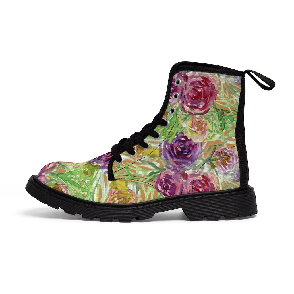 Brown Yellow Floral Women's Boots, Flower Print Vintage Style Hiking Combat Boots For Ladies