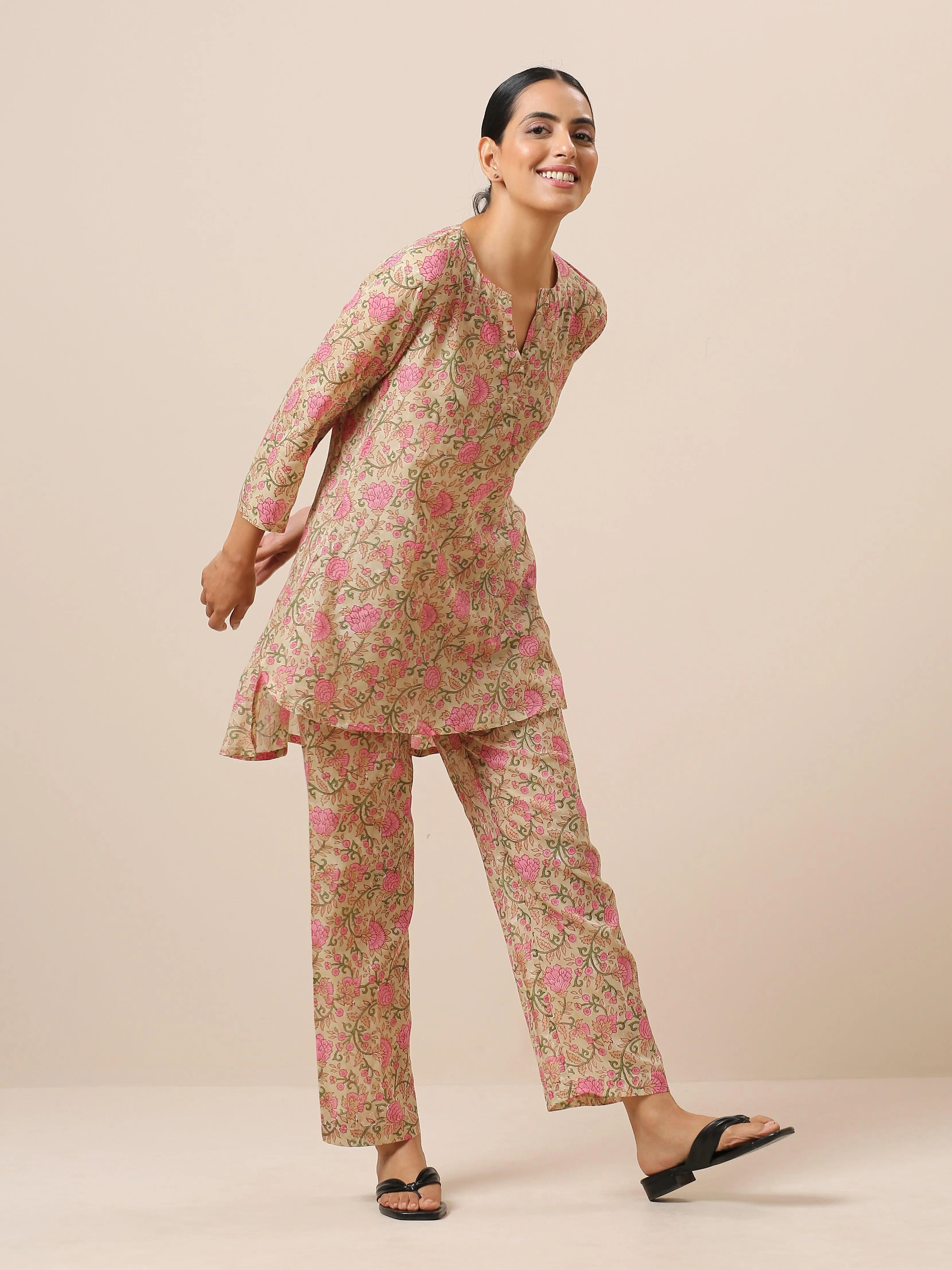 Cotton Hand Block Printed Green Pink Co-Ord Set