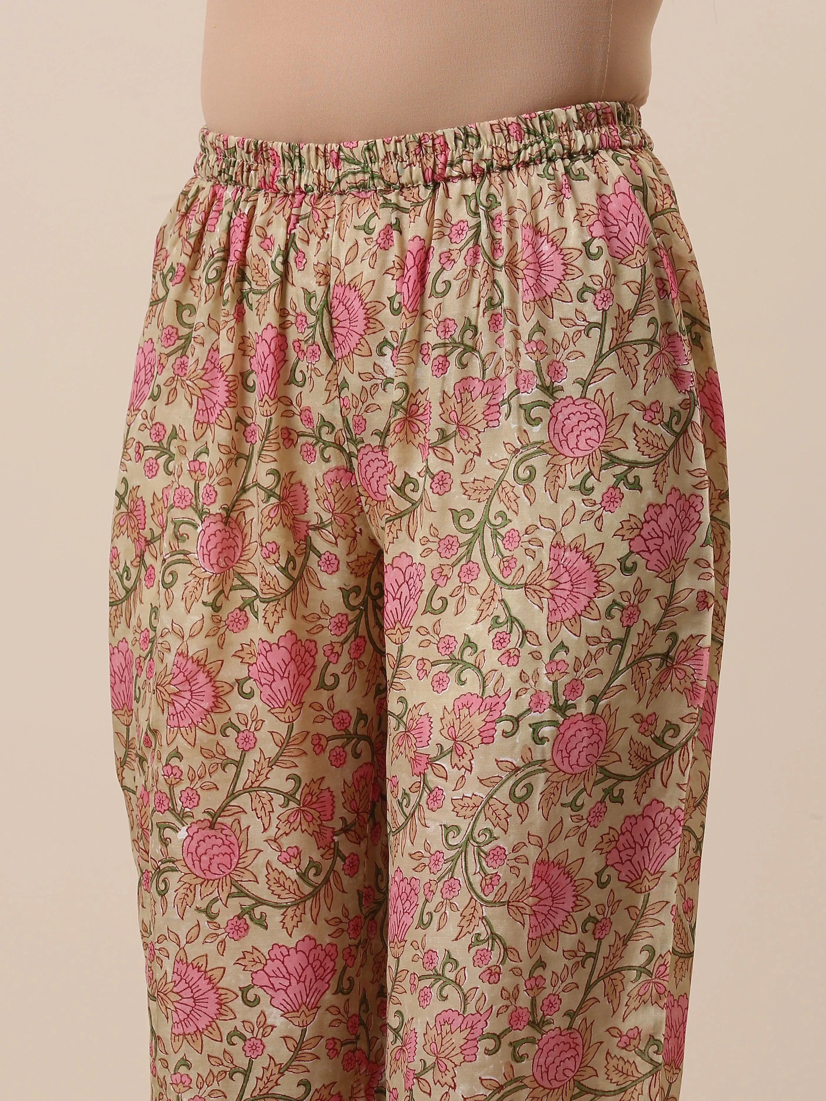 Cotton Hand Block Printed Green Pink Co-Ord Set