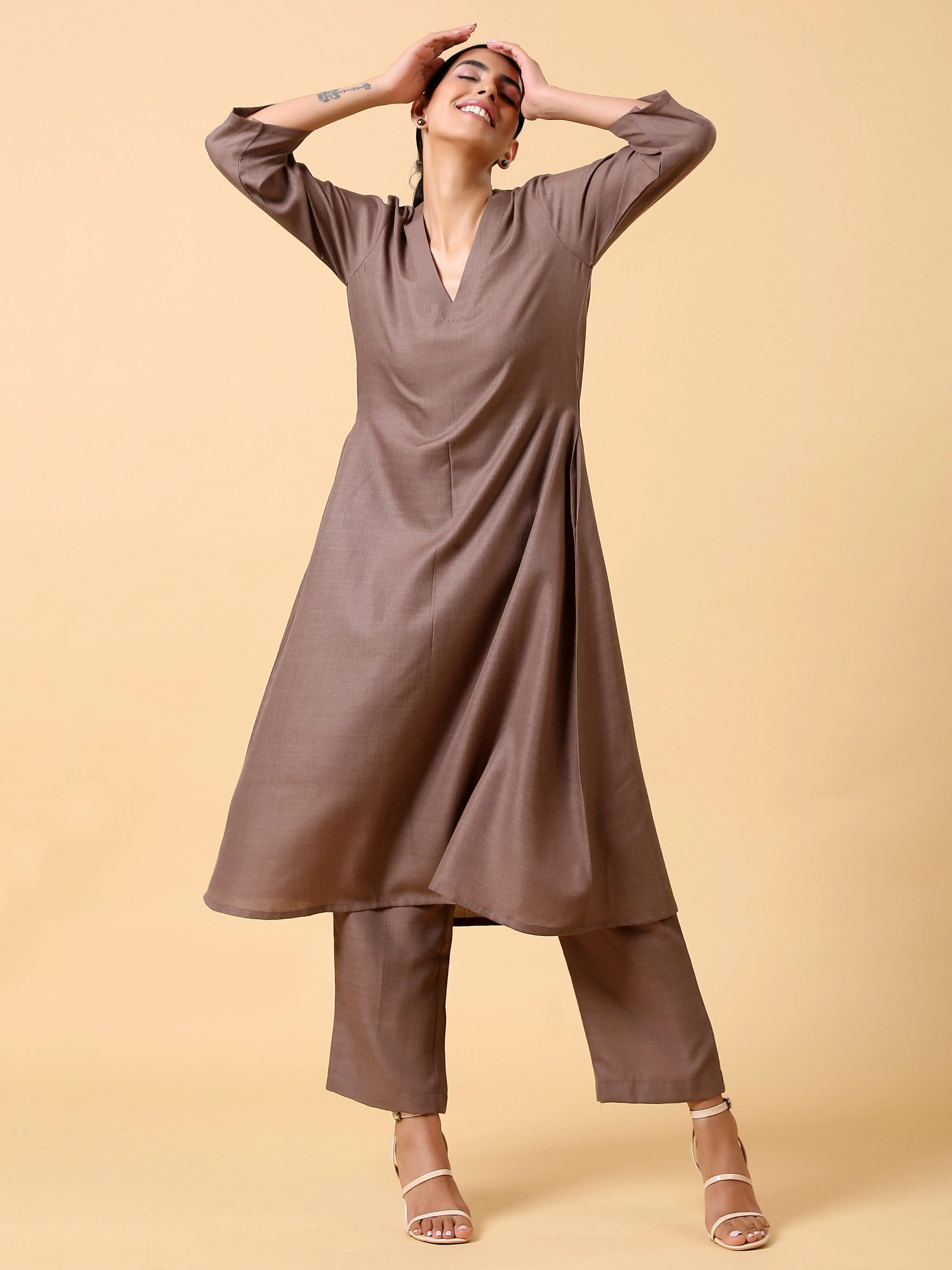 Cotton Linen Burnt Brown Kurta Pant Set