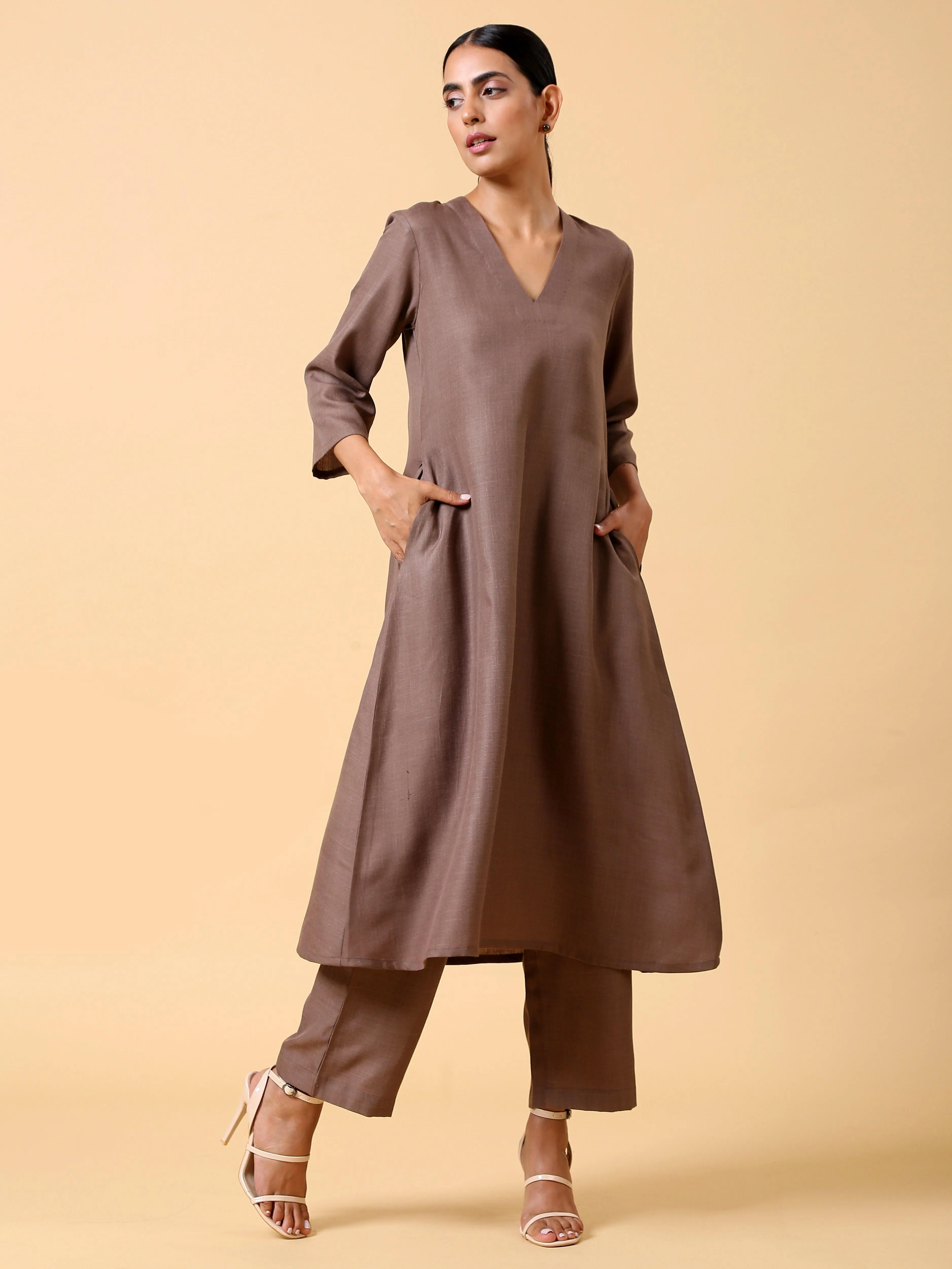 Cotton Linen Burnt Brown Kurta Pant Set