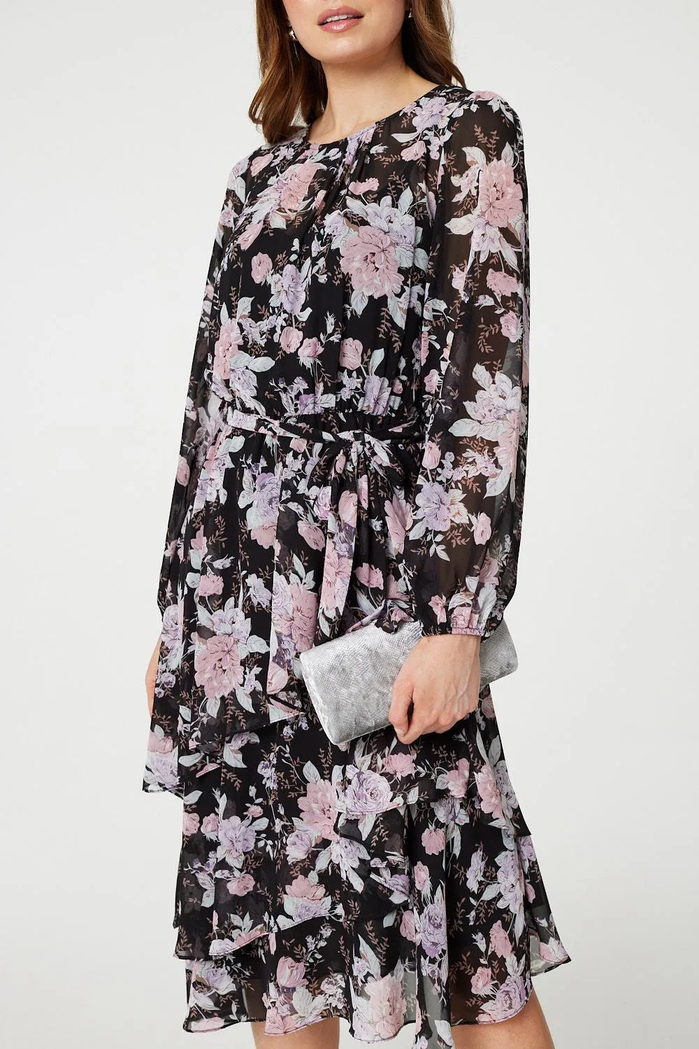 Floral Semi Sheer Layered Hem Midi Dress