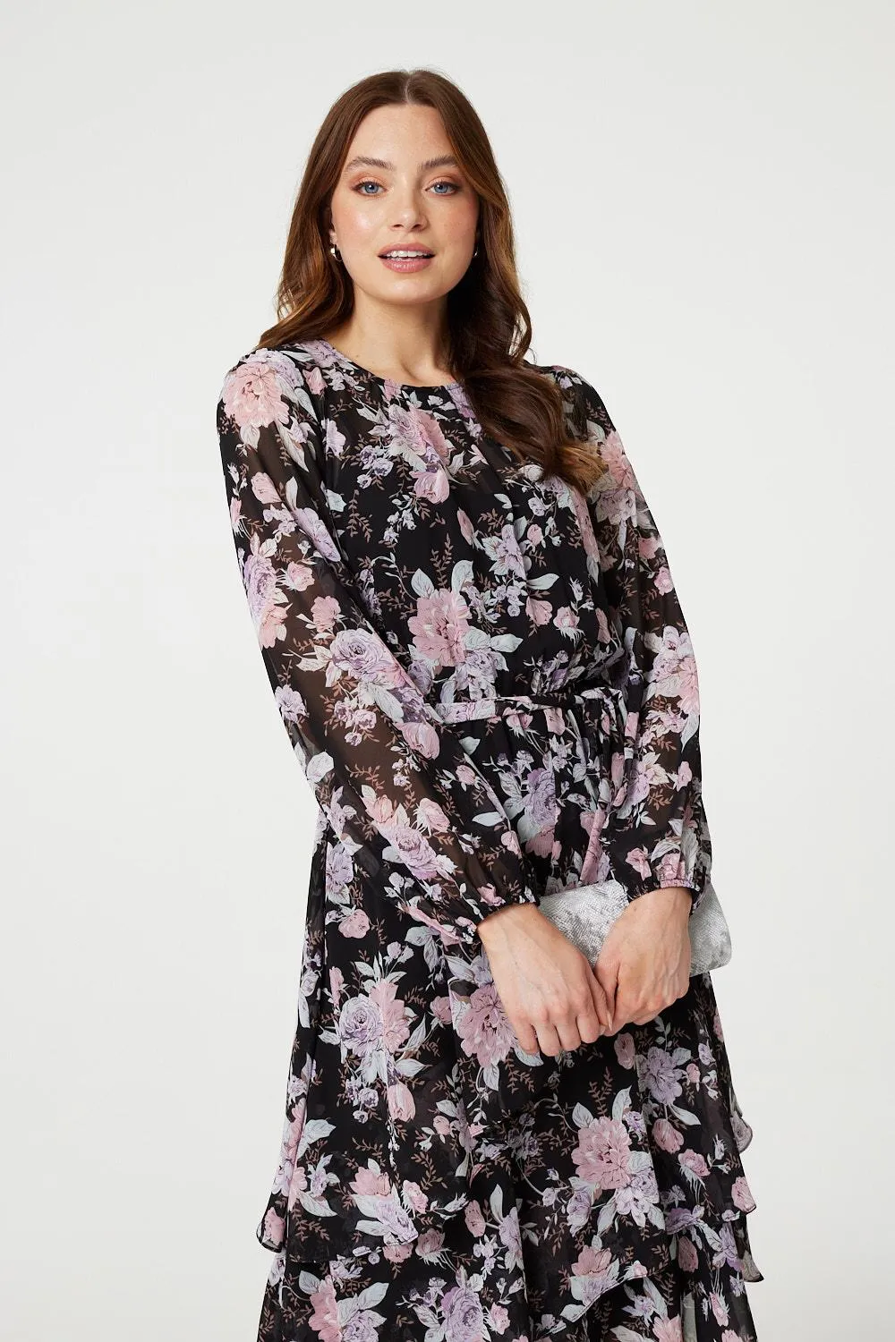 Floral Semi Sheer Layered Hem Midi Dress