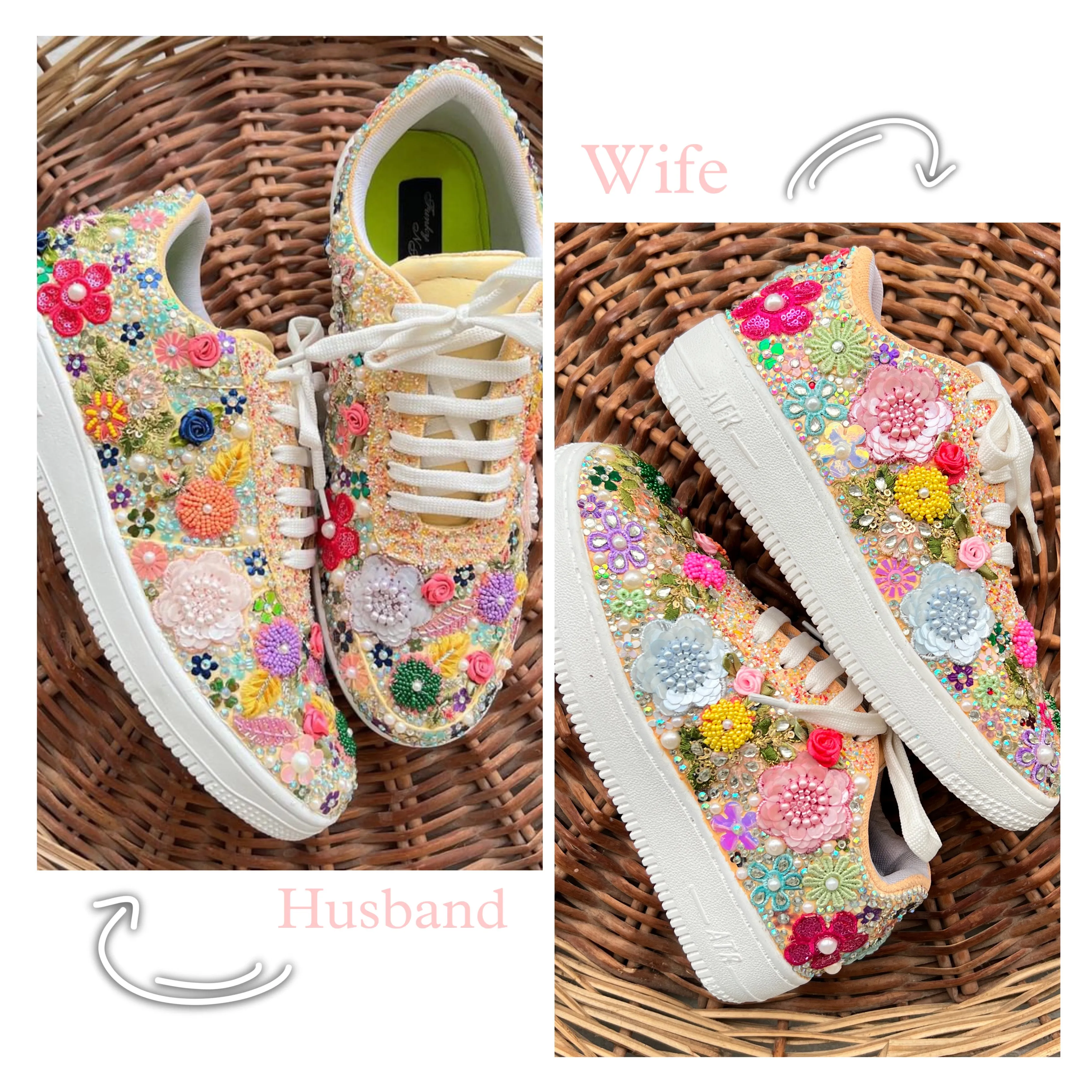 Funky N Trendy Couple sneakers/ bridal sneakers / groom sneakers/ floral sneakers / floral shoes/funky sneakers funky shoes/ bride shoes/ groom shoes / couple shoes/floral sneakers/ multi colored embroidered sneakers