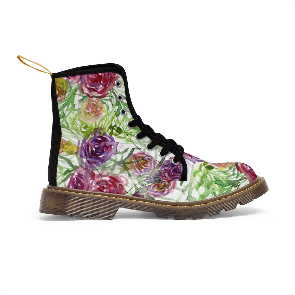 Garden Rose Floral Women's Boots, Pink Yellow Flower Vintage Style Ladies' Combat Hiking Boots