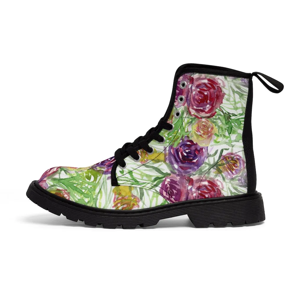 Garden Rose Floral Women's Boots, Pink Yellow Flower Vintage Style Ladies' Combat Hiking Boots