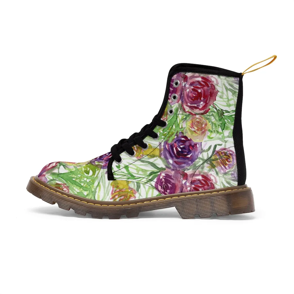 Garden Rose Floral Women's Boots, Pink Yellow Flower Vintage Style Ladies' Combat Hiking Boots