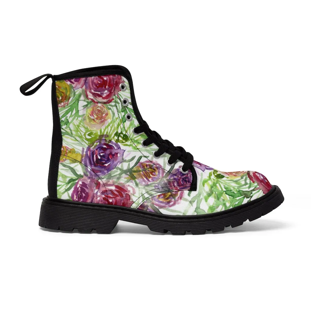 Garden Rose Floral Women's Boots, Pink Yellow Flower Vintage Style Ladies' Combat Hiking Boots