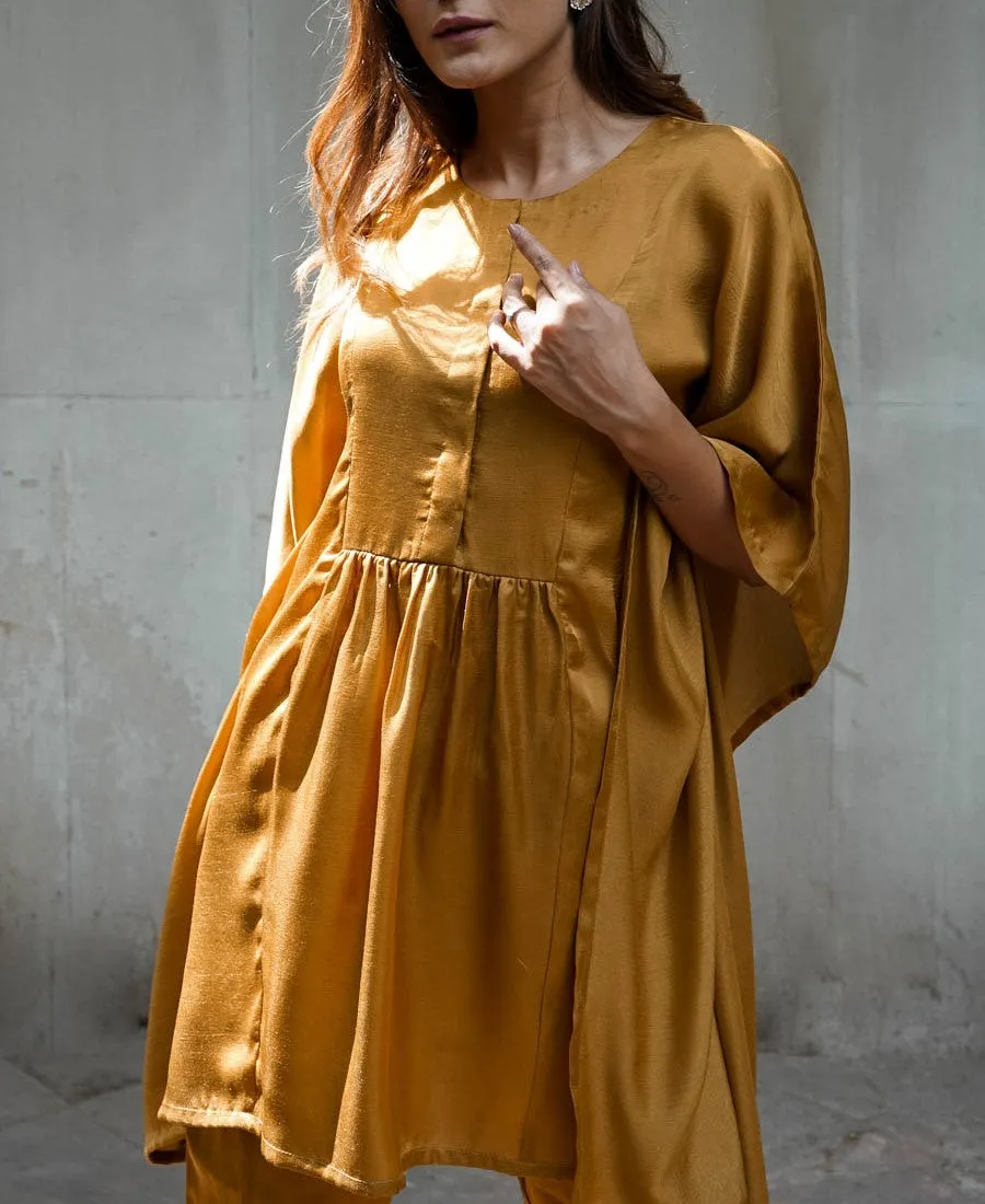 Gold Silk Blend Kaftan Gathered Co-Ord Set