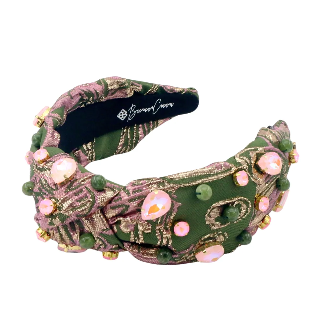 Green & Pink Fall Brocade Headband with Crystals & Beads