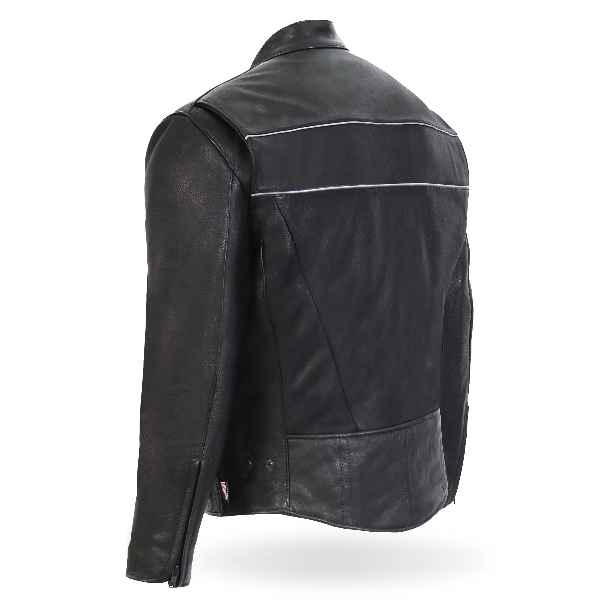 Hot Leathers JKM5003 Men’s USA Made Premium Black Leather Motorcycle Biker Jacket with Reflective Piping