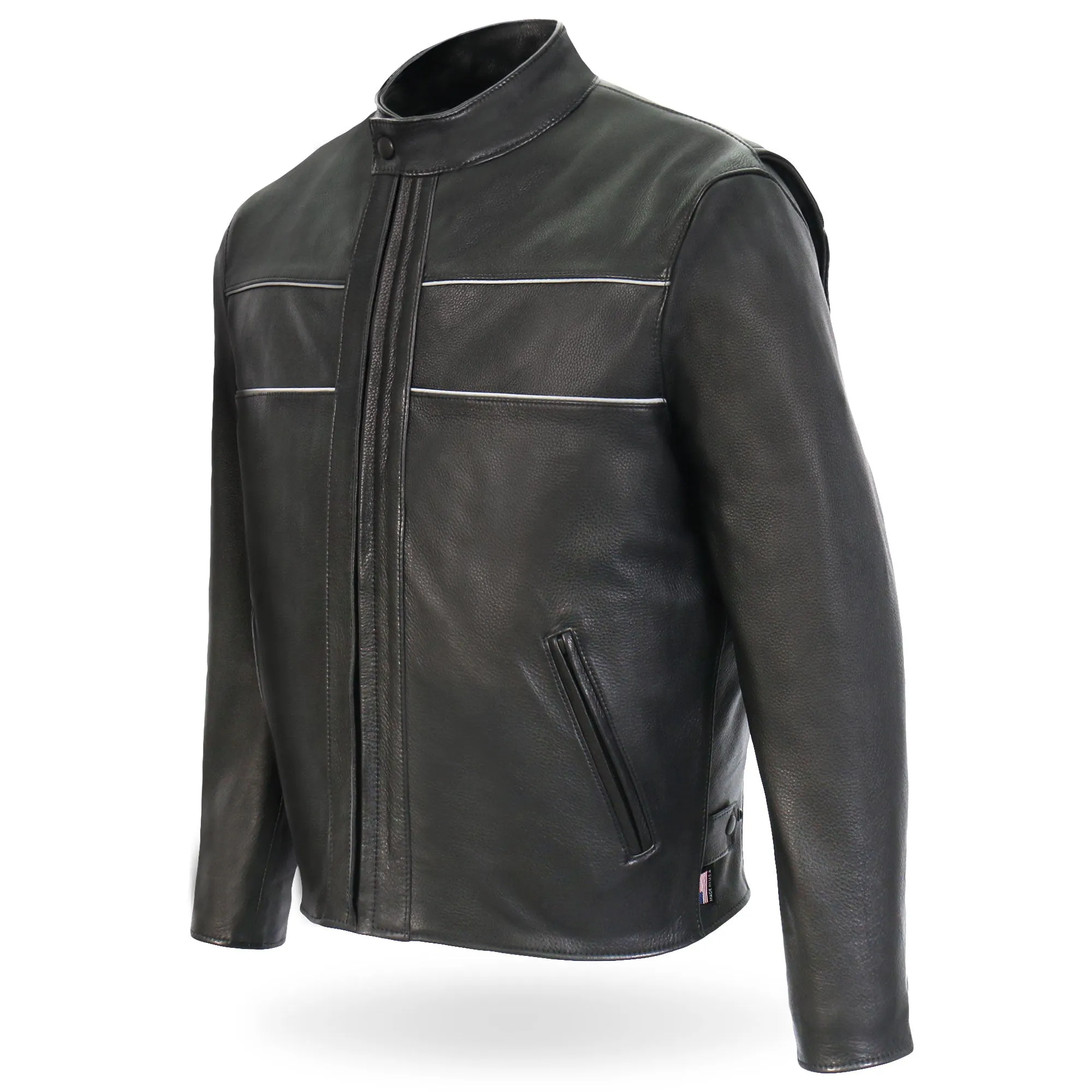 Hot Leathers JKM5003 Men’s USA Made Premium Black Leather Motorcycle Biker Jacket with Reflective Piping