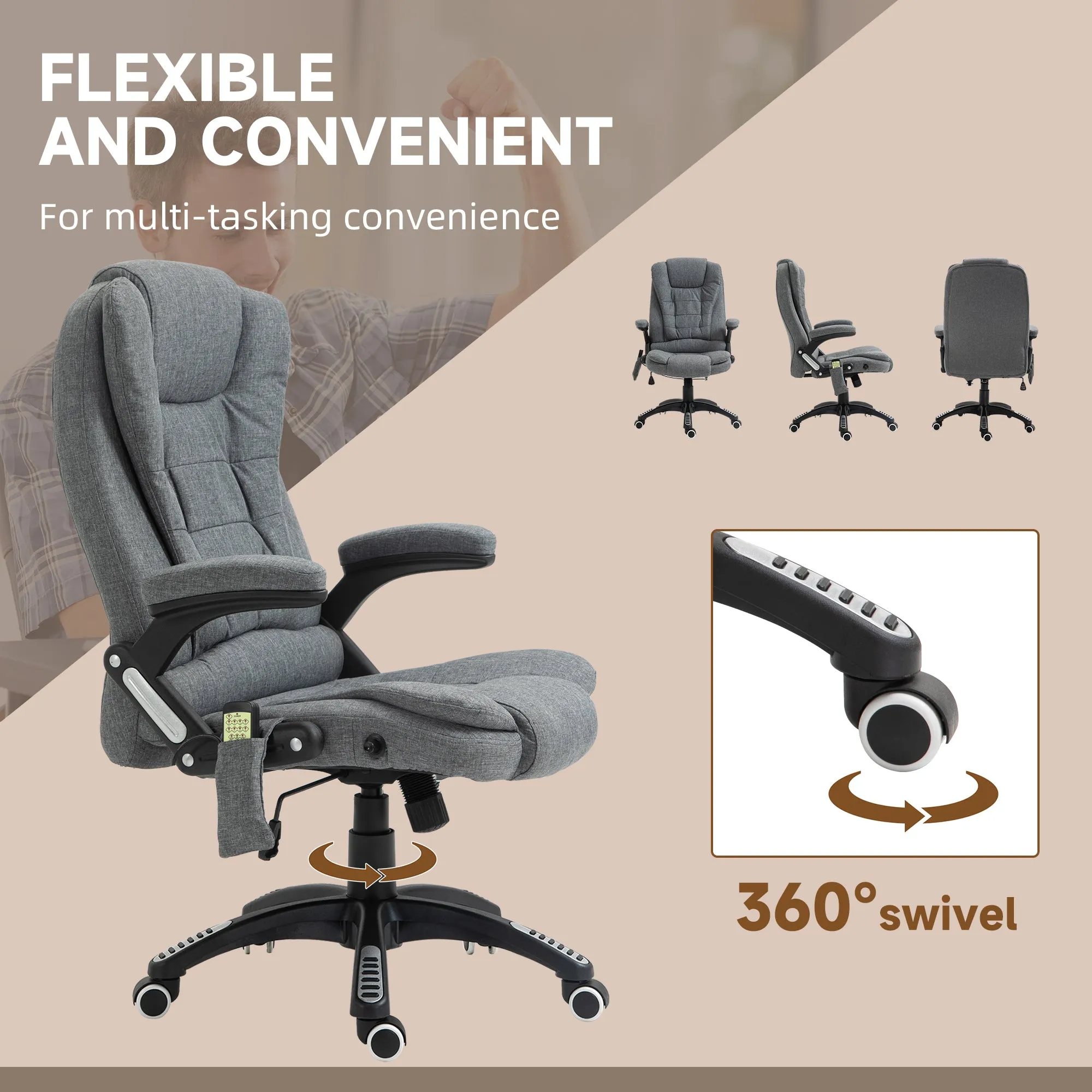 Massage Recliner Chair Heated Office Chair with Six Massage Points Linen-Feel Fabric 360¬¨‚àû Swivel Wheels Grey