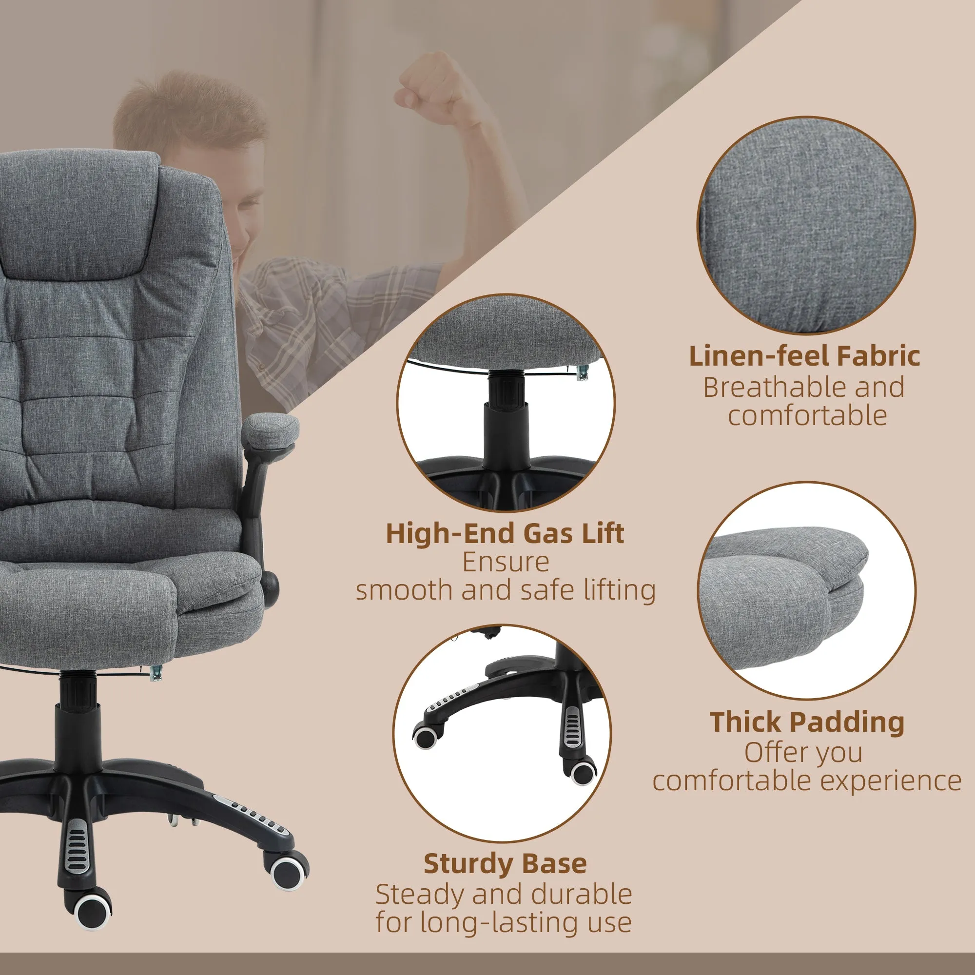 Massage Recliner Chair Heated Office Chair with Six Massage Points Linen-Feel Fabric 360¬¨‚àû Swivel Wheels Grey