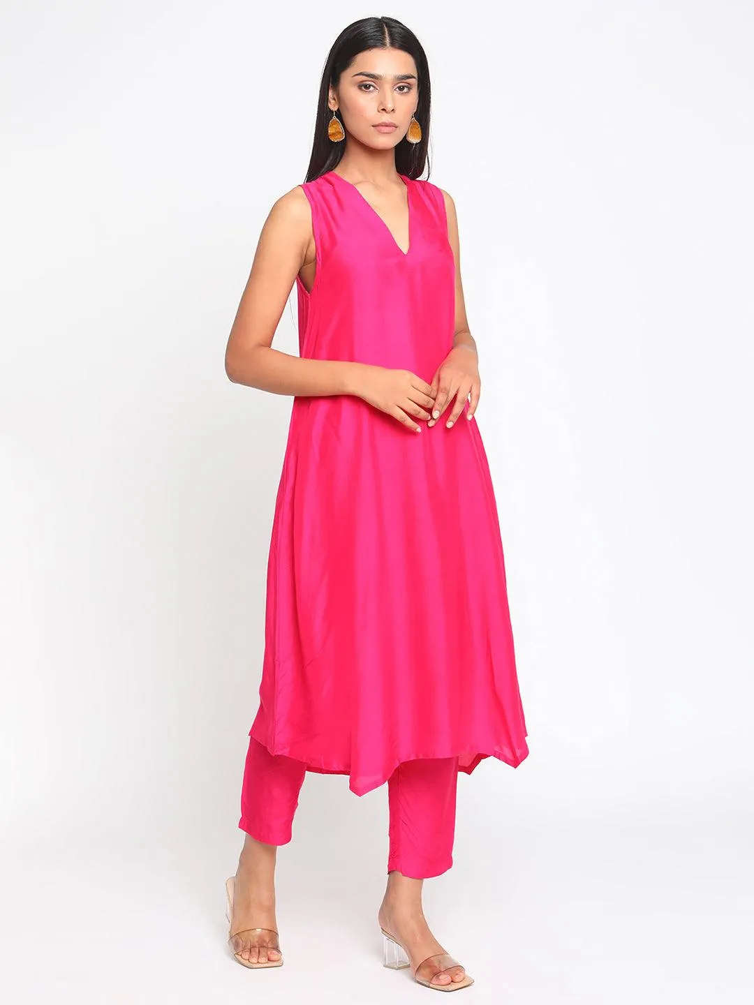 Silk Pink Sleeveless Kurta Pant Set