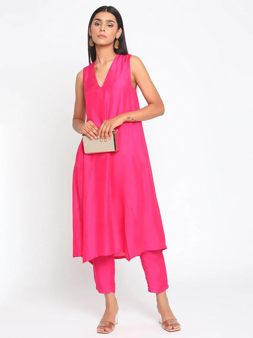 Silk Pink Sleeveless Kurta Pant Set