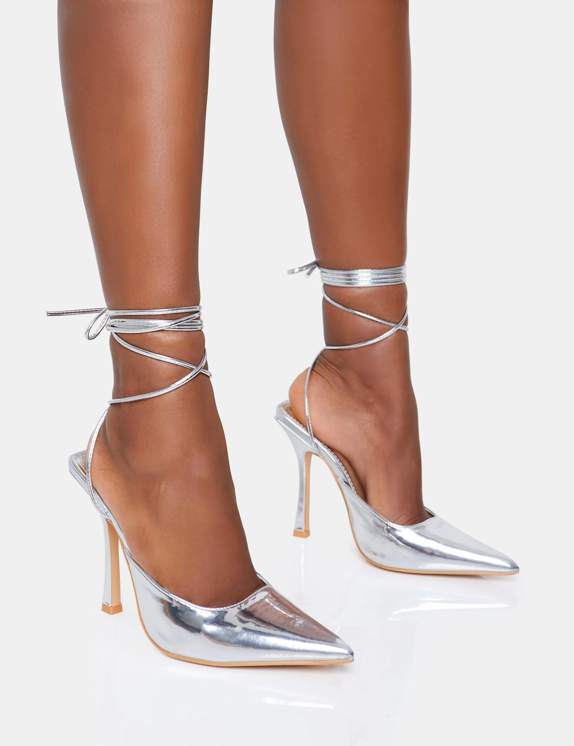 Verity Wide Fit Silver Slingback Lace Up Pointed Court Stiletto Heels