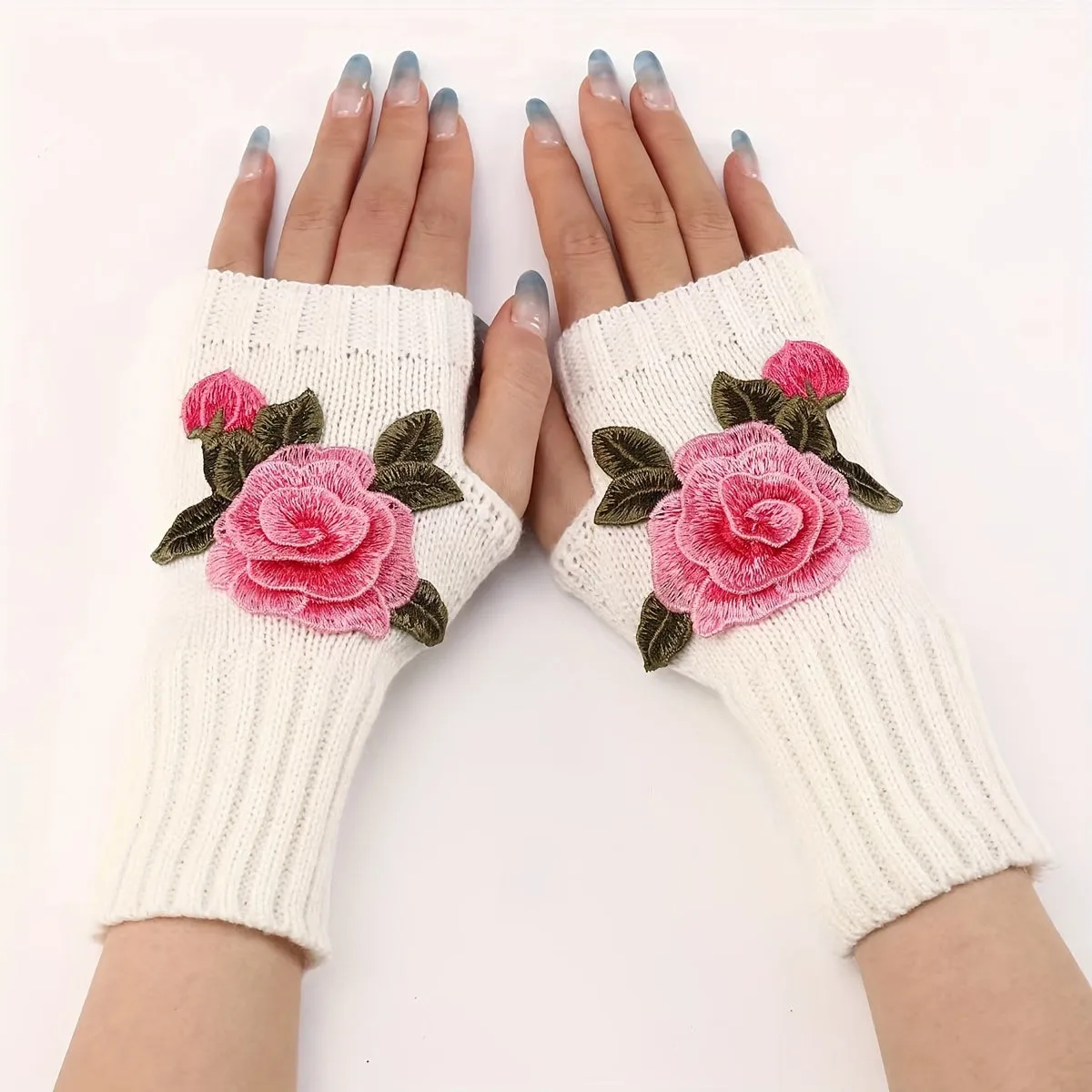 Vintage Rose Embroidered Fingerless Knit Gloves for Cold Weather