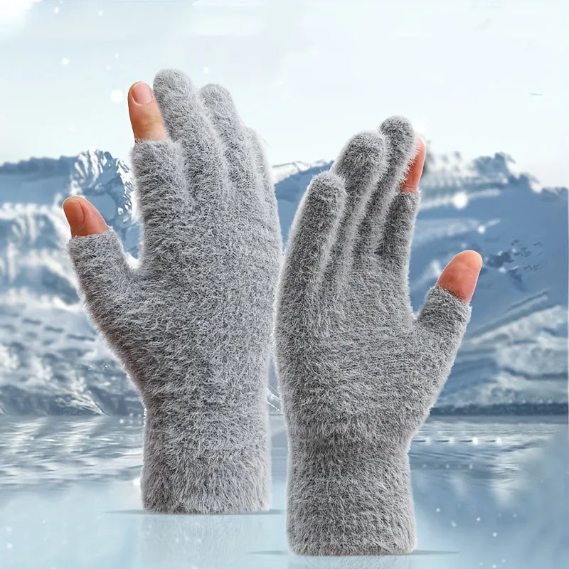 Winter Touch Screen Plush Gloves for Women with Open Fingers