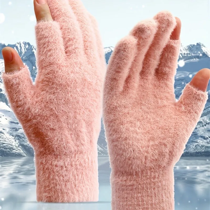 Winter Touch Screen Plush Gloves for Women with Open Fingers