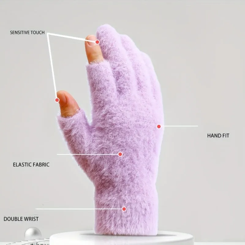 Winter Touch Screen Plush Gloves for Women with Open Fingers