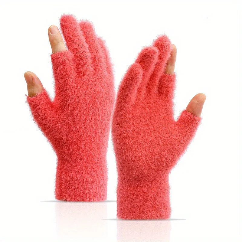 Winter Touch Screen Plush Gloves for Women with Open Fingers