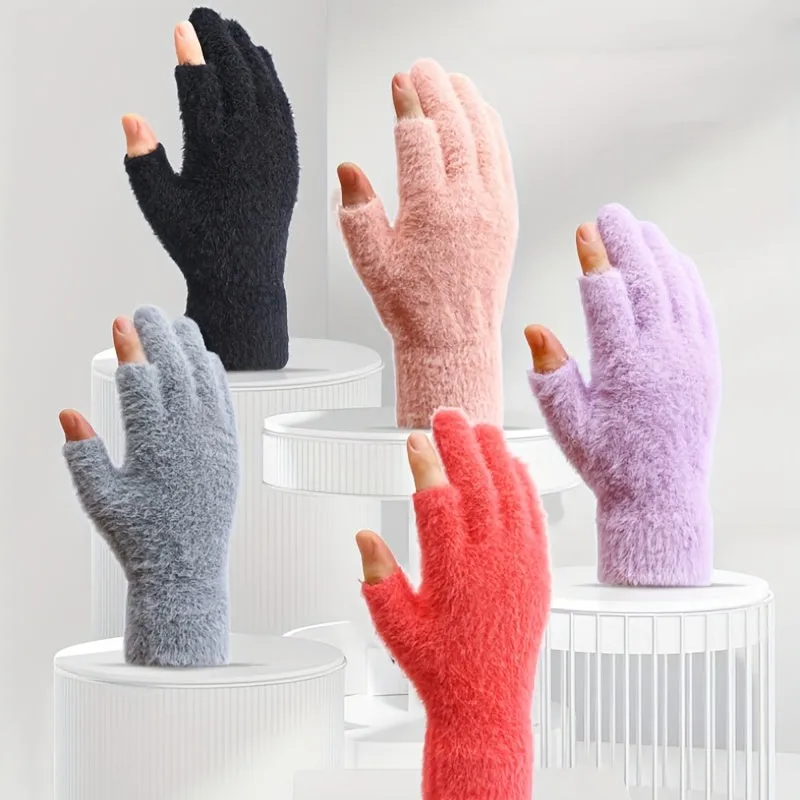 Winter Touch Screen Plush Gloves for Women with Open Fingers