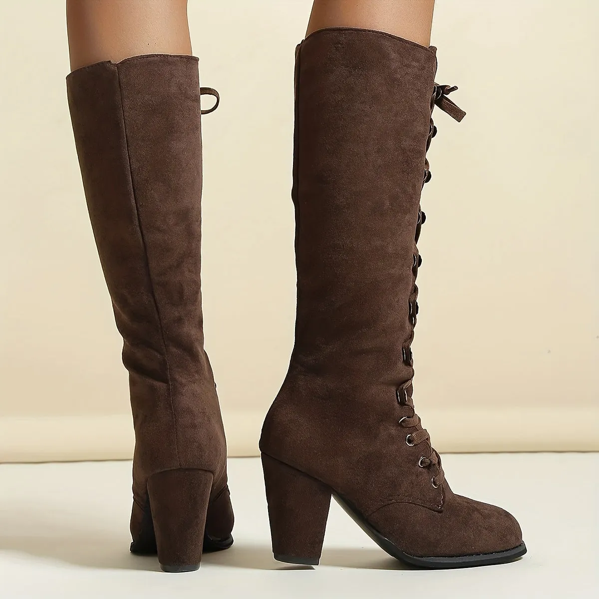 Women's Heeled Knee High Boots, Solid Color Lace Up Chunky Heeled Boots, Versatile Comfy Long Boots