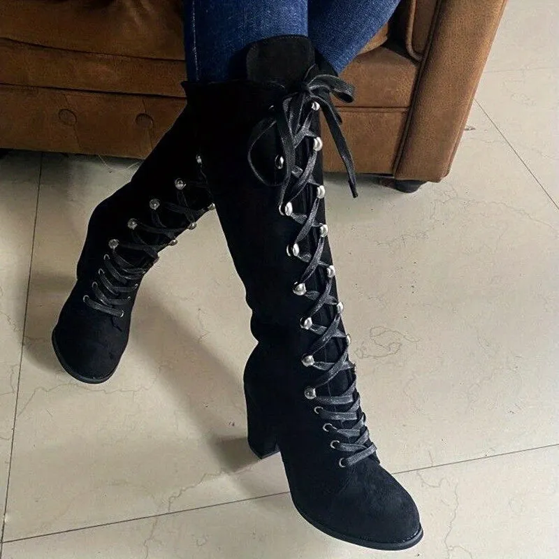 Women's Heeled Knee High Boots, Solid Color Lace Up Chunky Heeled Boots, Versatile Comfy Long Boots