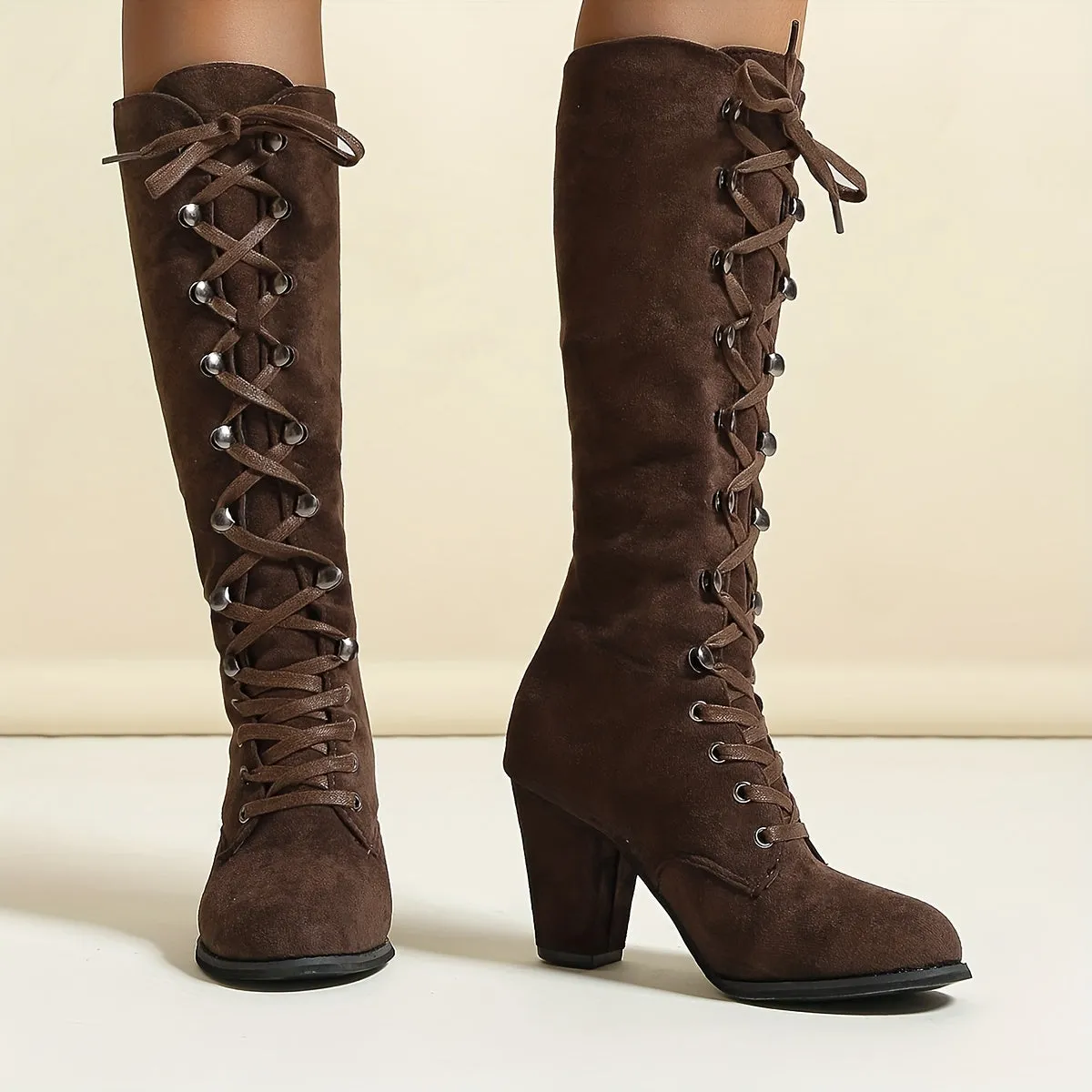 Women's Heeled Knee High Boots, Solid Color Lace Up Chunky Heeled Boots, Versatile Comfy Long Boots