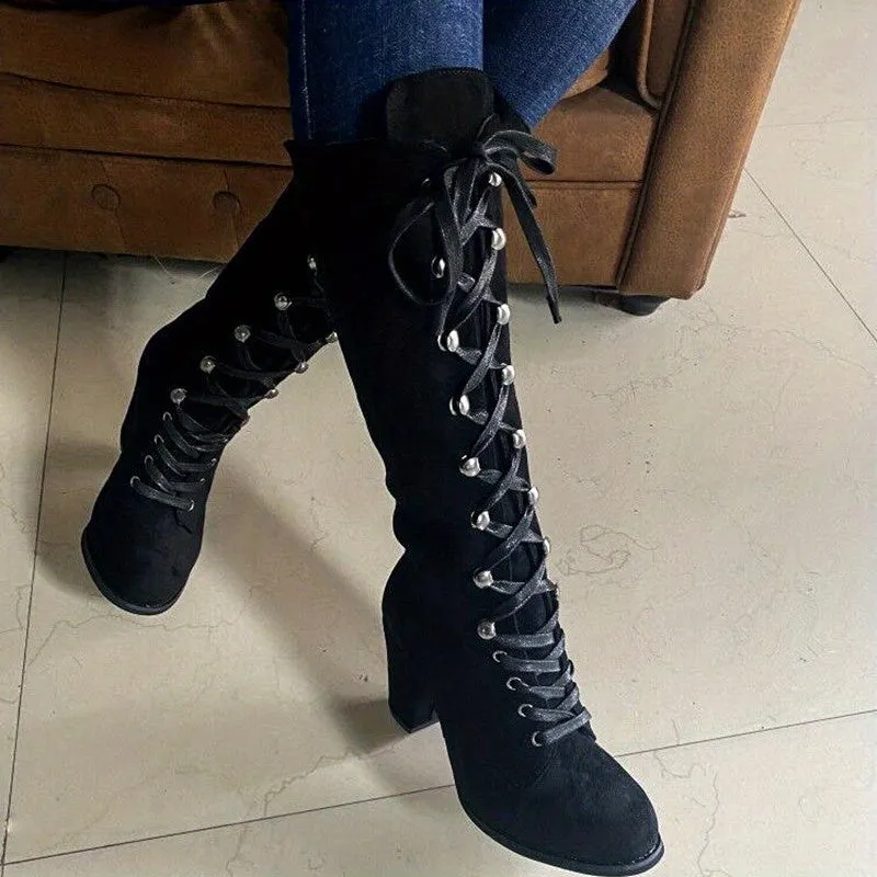 Women's Heeled Knee High Boots, Solid Color Lace Up Chunky Heeled Boots, Versatile Comfy Long Boots